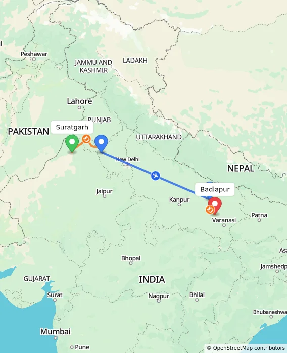 Route map showing distance and travel time from Suratgarh, India to Badlapur, India