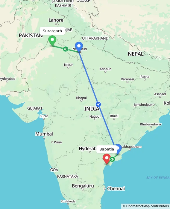 Route map showing distance and travel time from Suratgarh, India to Bapatla, India
