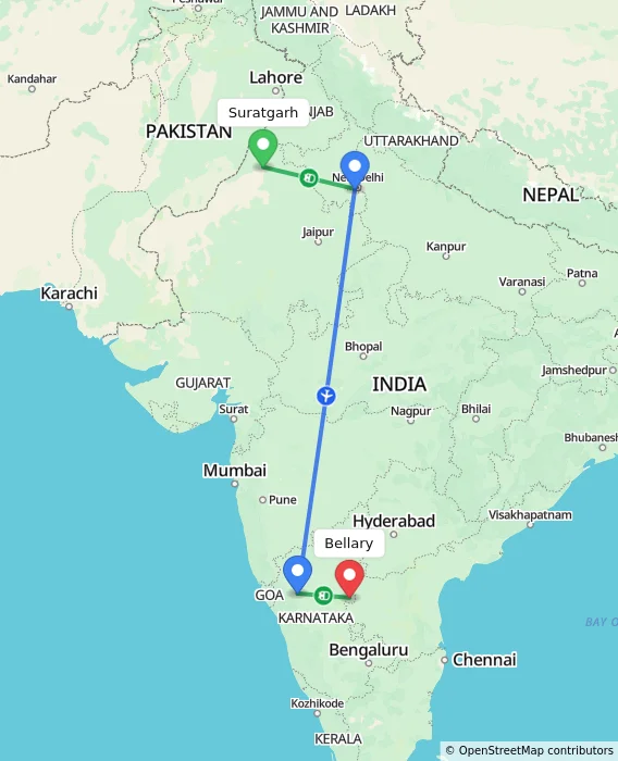 Route map showing distance and travel time from Suratgarh, India to Bellary, India