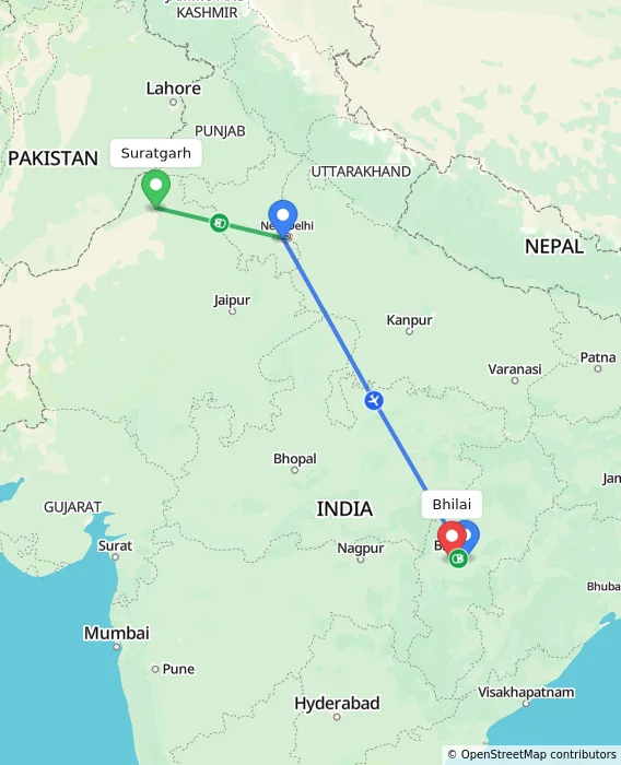 Route map showing distance and travel time from Suratgarh, India to Bhilai, India