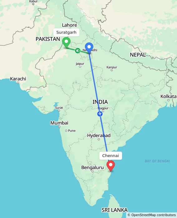 Route map showing distance and travel time from Suratgarh, India to Chennai, India