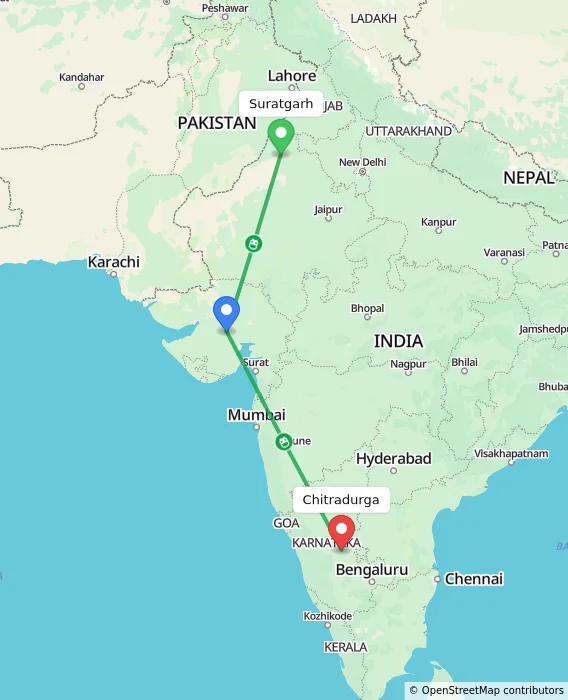 Route map showing distance and travel time from Suratgarh, India to Chitradurga, India