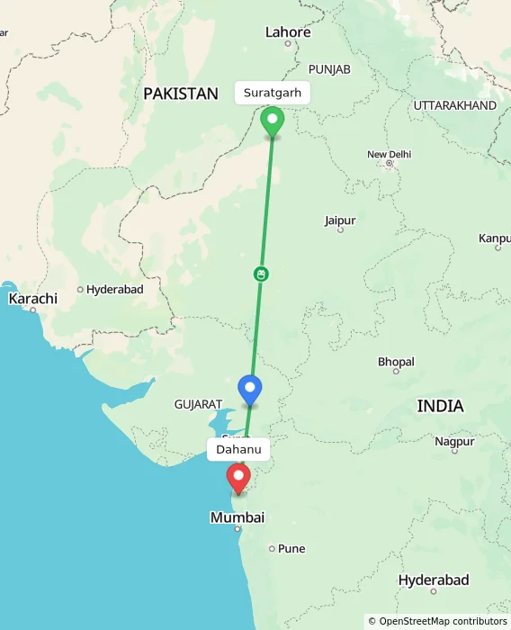 Route map showing distance and travel time from Suratgarh, India to Dahanu, India