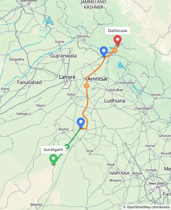 Route map showing distance and travel time from Suratgarh, India to Dalhousie, India