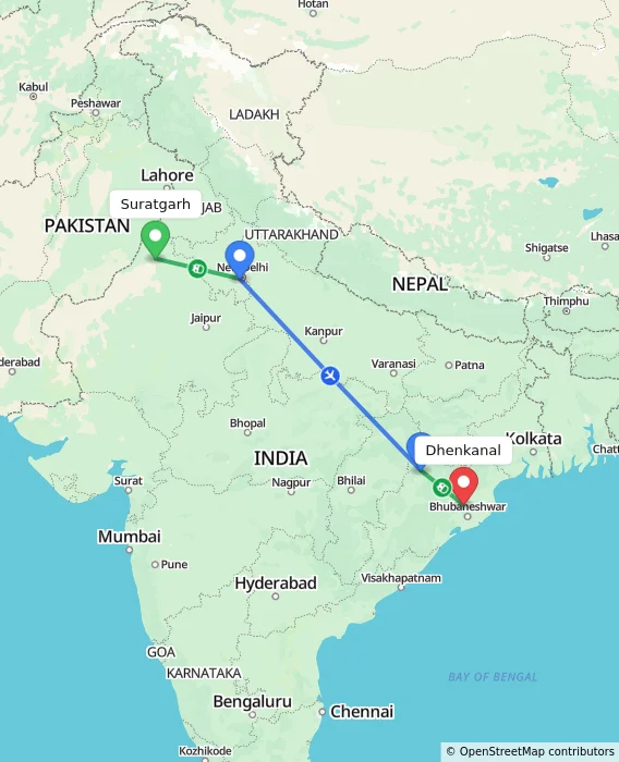 Route map showing distance and travel time from Suratgarh, India to Dhenkanal, India