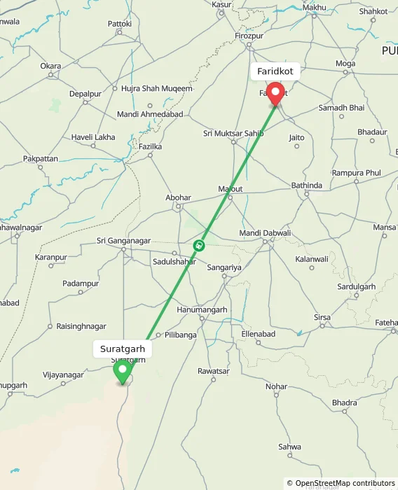 Route map showing distance and travel time from Suratgarh, India to Faridkot, India