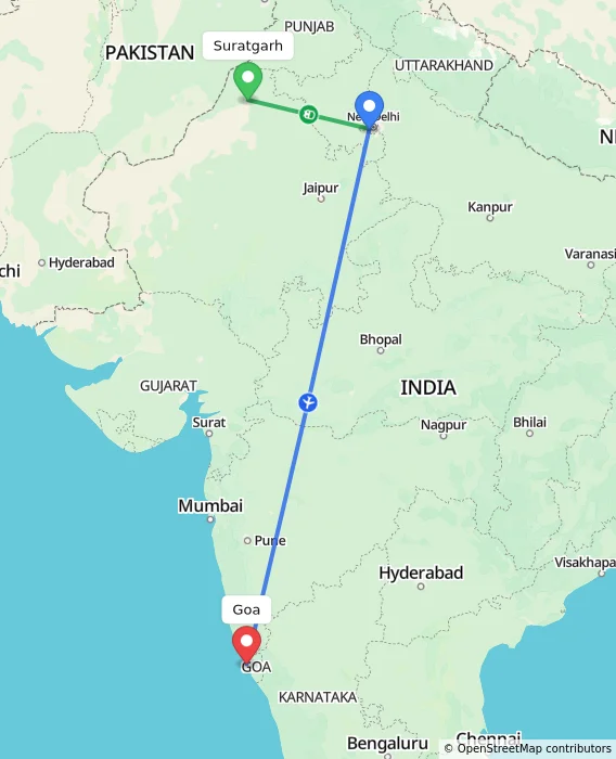 Route map showing distance and travel time from Suratgarh, India to Goa, India