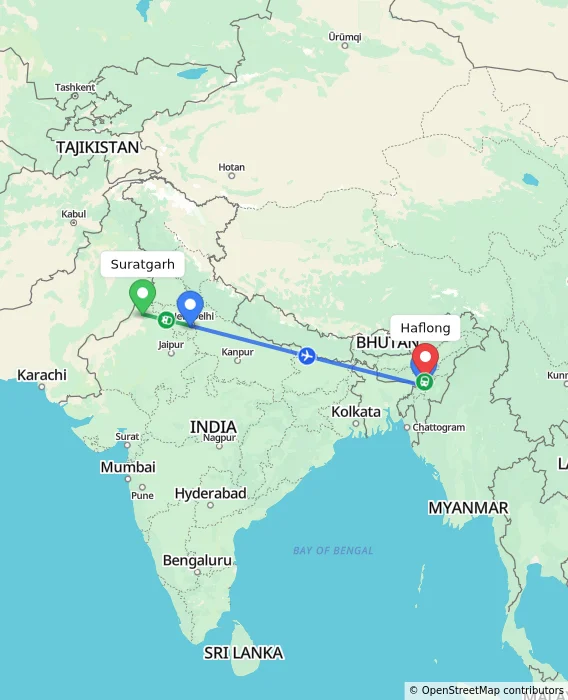 Route map showing distance and travel time from Suratgarh, India to Haflong, India