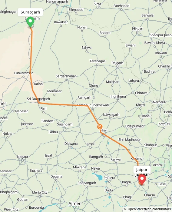 Route map showing distance and travel time from Suratgarh, India to Jaipur, India