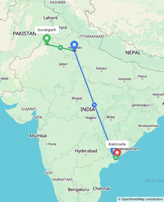 Route map showing distance and travel time from Suratgarh, India to Kakinada, India