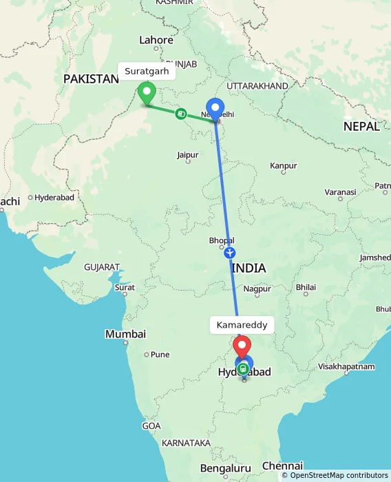 Route map showing distance and travel time from Suratgarh, India to Kamareddy, India