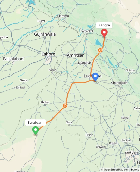 Route map showing distance and travel time from Suratgarh, India to Kangra, India