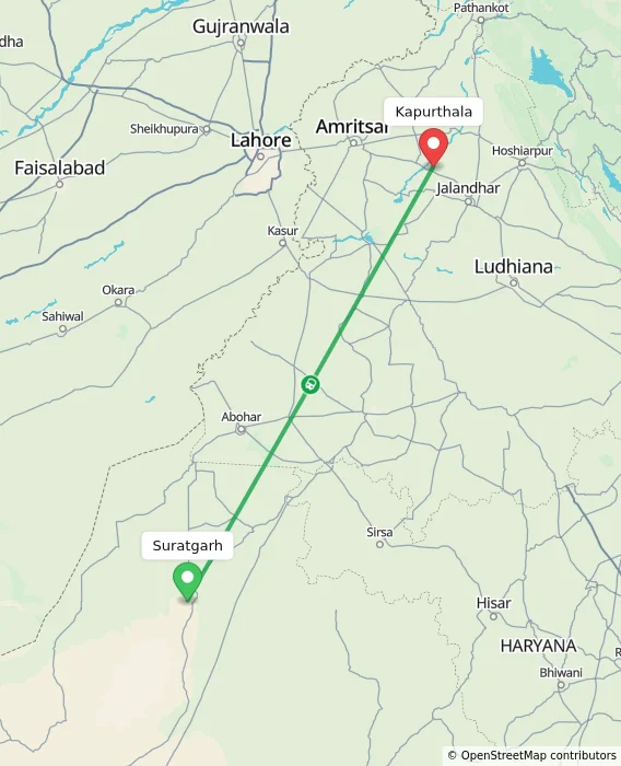 Route map showing distance and travel time from Suratgarh, India to Kapurthala, India
