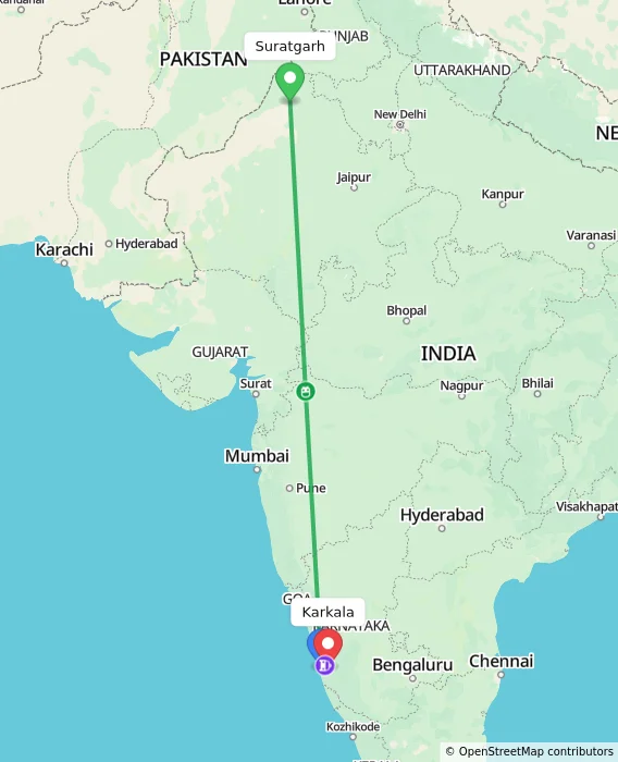 Route map showing distance and travel time from Suratgarh, India to Karkala, India