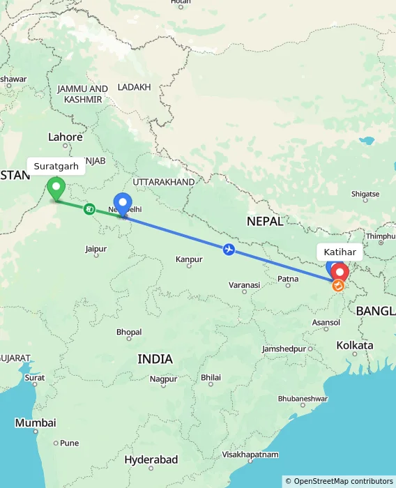 Route map showing distance and travel time from Suratgarh, India to Katihar, India