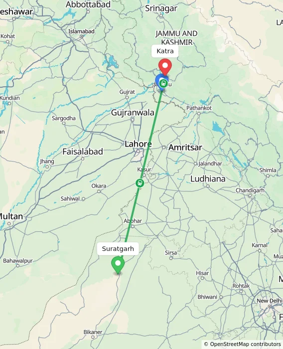Route map showing distance and travel time from Suratgarh, India to Katra, India