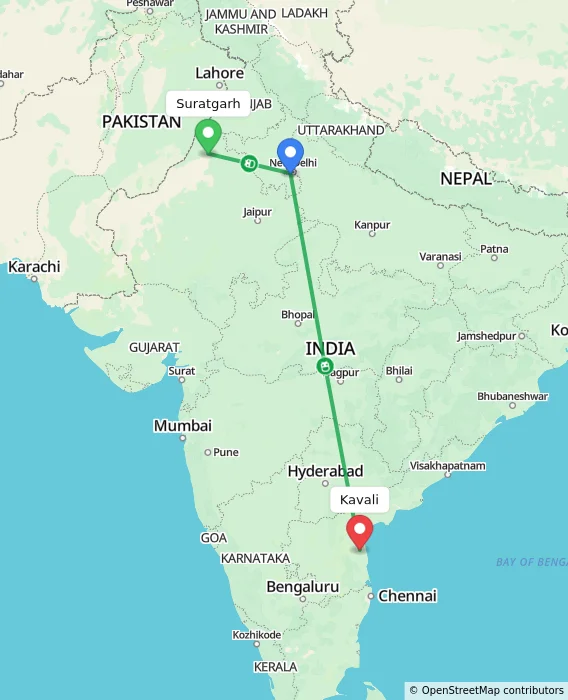 Route map showing distance and travel time from Suratgarh, India to Kavali, India