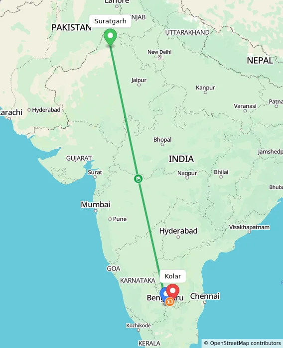 Route map showing distance and travel time from Suratgarh, India to Kolar, India