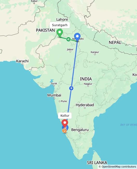 Route map showing distance and travel time from Suratgarh, India to Kollur, India