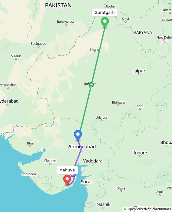 Route map showing distance and travel time from Suratgarh, India to Mahuva, India