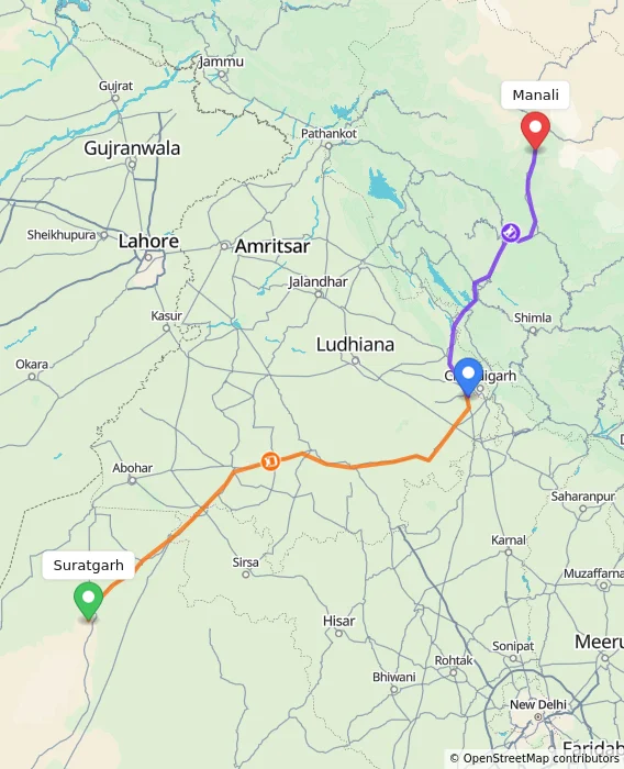 Route map showing distance and travel time from Suratgarh, India to Manali, India
