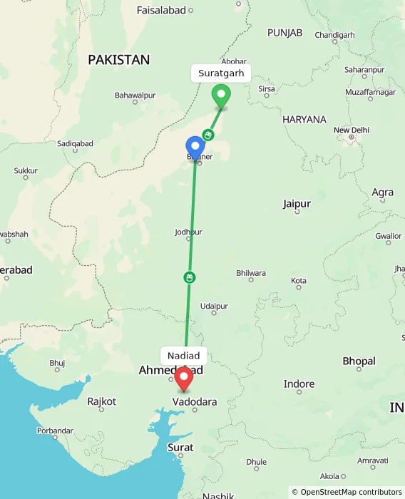 Route map showing distance and travel time from Suratgarh, India to Nadiad, India