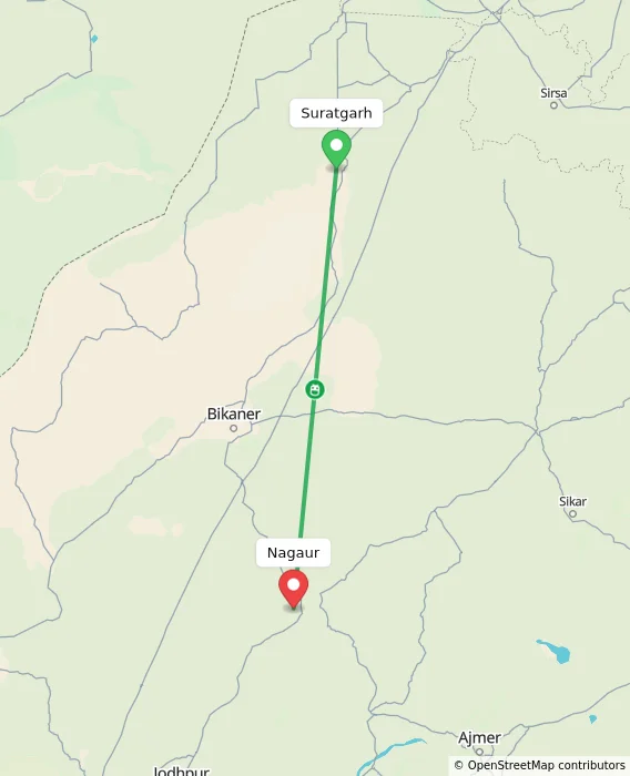 Route map showing distance and travel time from Suratgarh, India to Nagaur, India