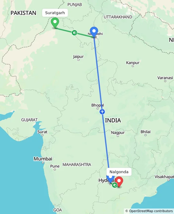 Route map showing distance and travel time from Suratgarh, India to Nalgonda, India