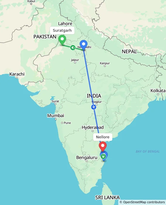 Route map showing distance and travel time from Suratgarh, India to Nellore, India
