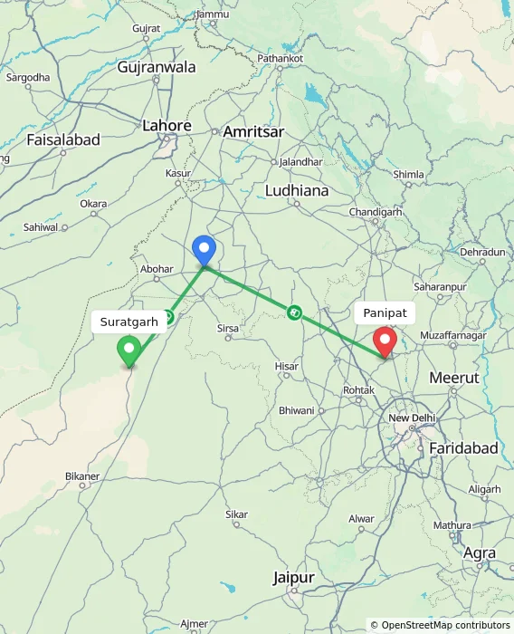 Route map showing distance and travel time from Suratgarh, India to Panipat, India