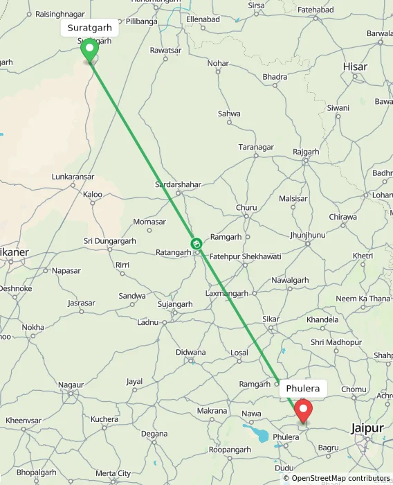 Route map showing distance and travel time from Suratgarh, India to Phulera, India