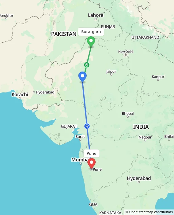 Route map showing distance and travel time from Suratgarh, India to Pune, India