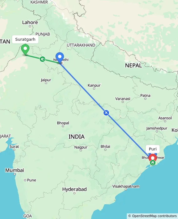 Route map showing distance and travel time from Suratgarh, India to Puri, India