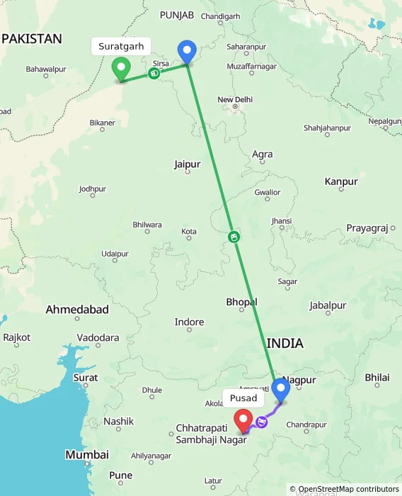 Route map showing distance and travel time from Suratgarh, India to Pusad, India