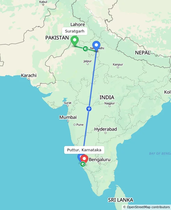 Route map showing distance and travel time from Suratgarh, India to Puttur, Karnataka, India