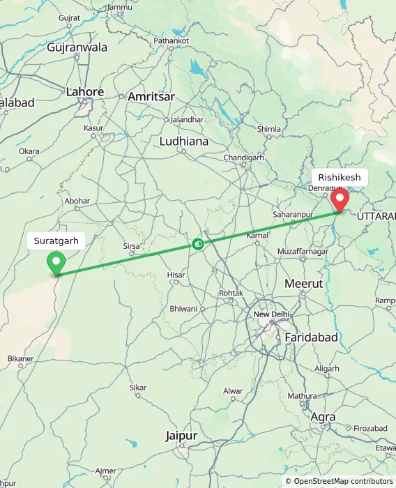 Route map showing distance and travel time from Suratgarh, India to Rishikesh, India