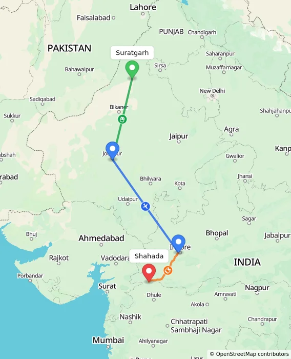 Route map showing distance and travel time from Suratgarh, India to Shahada, India