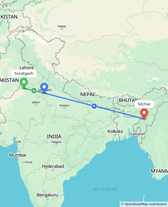 Route map showing distance and travel time from Suratgarh, India to Silchar, India