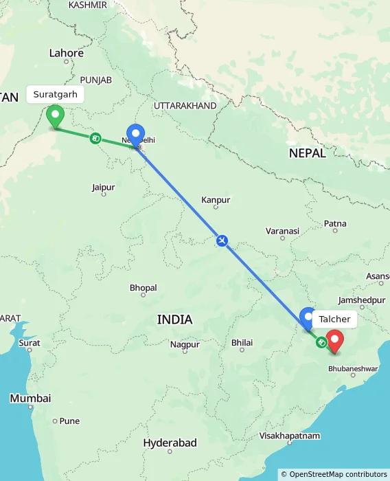 Route map showing distance and travel time from Suratgarh, India to Talcher, India