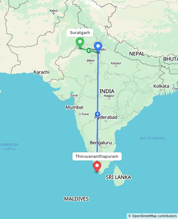 Route map showing distance and travel time from Suratgarh, India to Thiruvananthapuram, India