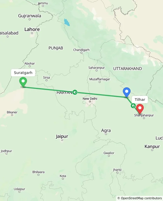 Route map showing distance and travel time from Suratgarh, India to Tilhar, India