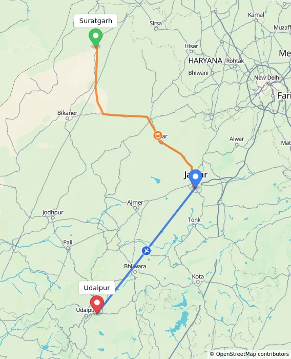 Route map showing distance and travel time from Suratgarh, India to Udaipur, India