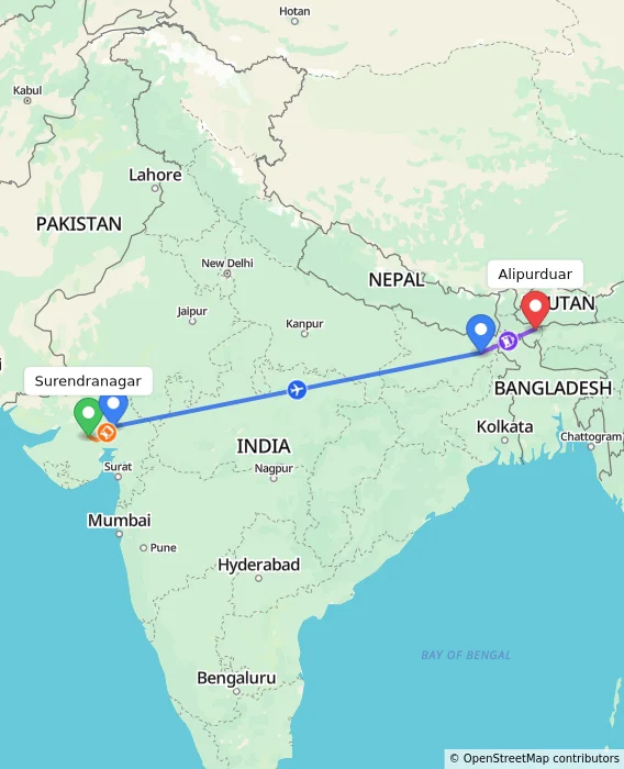 Route map showing distance and travel time from Surendranagar, India to Alipurduar, India