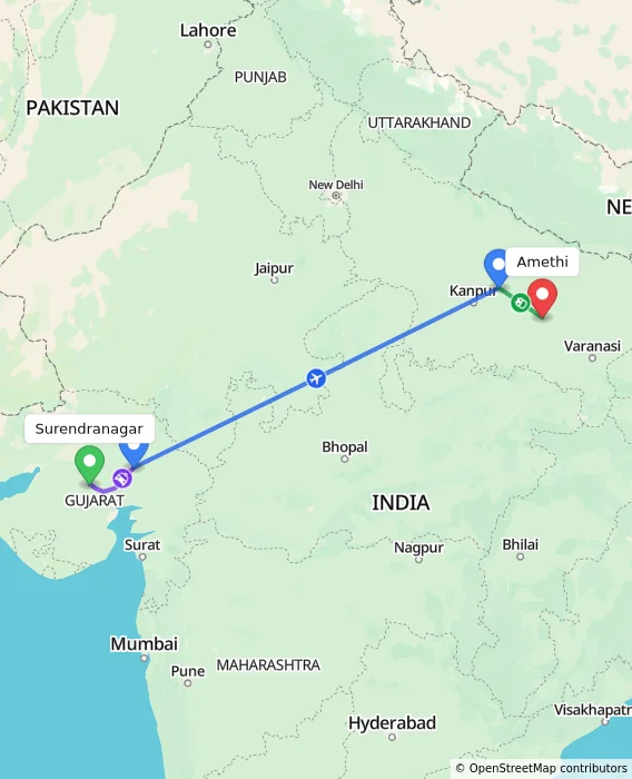 Route map showing distance and travel time from Surendranagar, India to Amethi, India