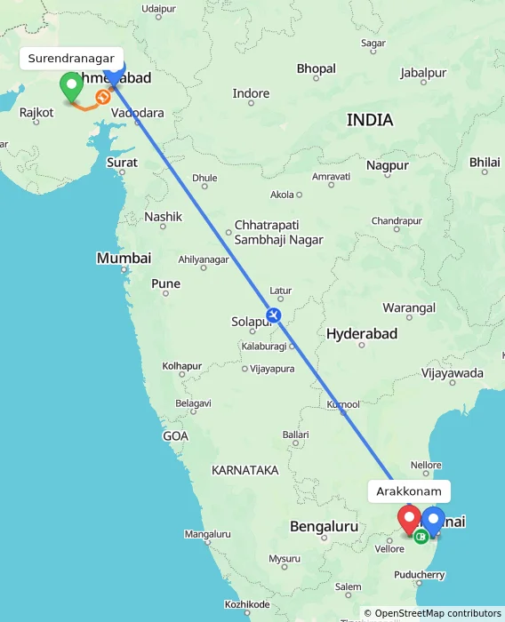 Route map showing distance and travel time from Surendranagar, India to Arakkonam, India