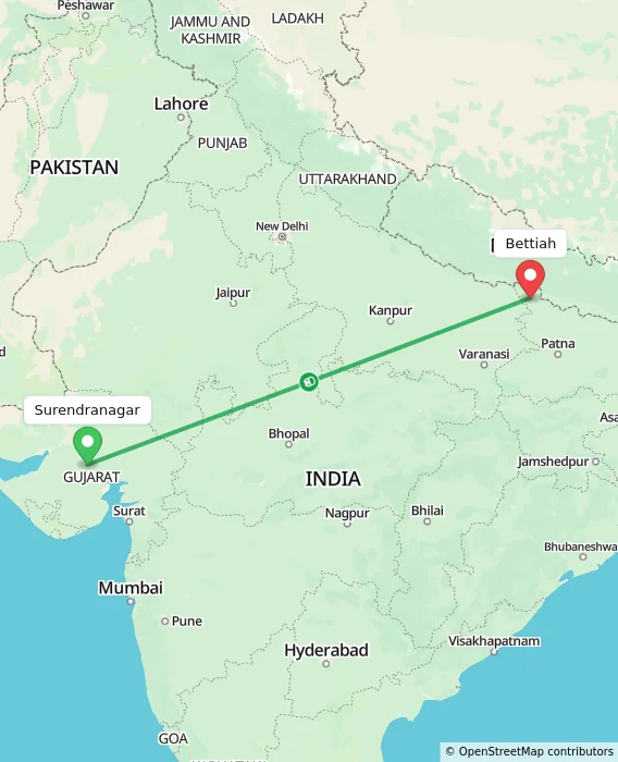 Route map showing distance and travel time from Surendranagar, India to Bettiah, India