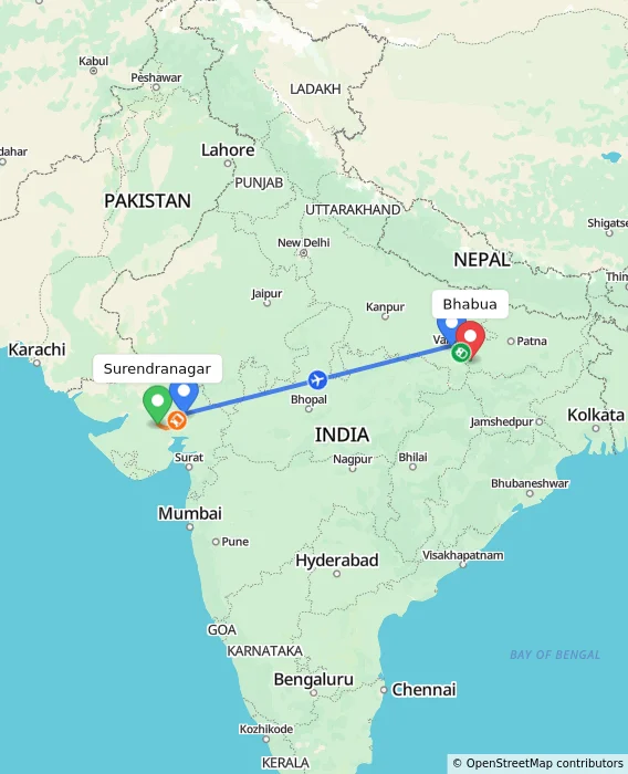 Route map showing distance and travel time from Surendranagar, India to Bhabua, India