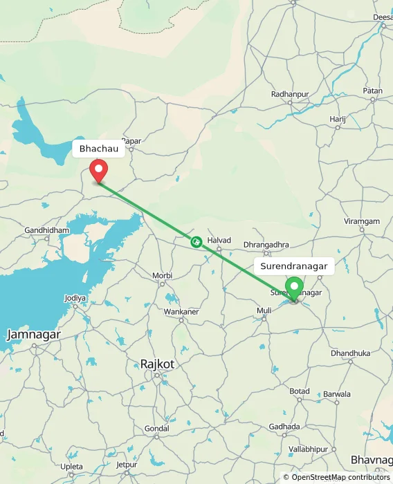Route map showing distance and travel time from Surendranagar, India to Bhachau, India