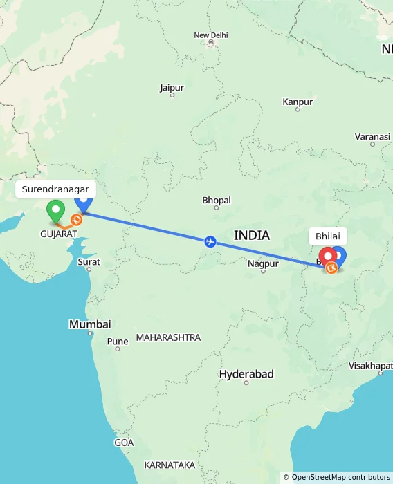 Route map showing distance and travel time from Surendranagar, India to Bhilai, India