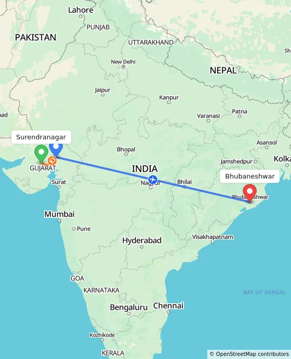 Route map showing distance and travel time from Surendranagar, India to Bhubaneshwar, India